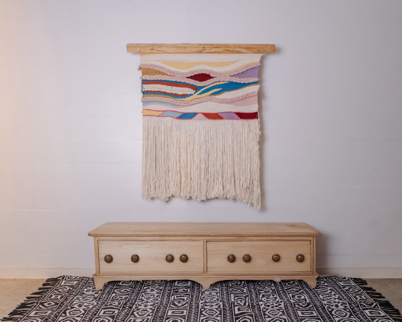 Handwoven Wall Tapestry in Neutral Tones and Vibrant Accents