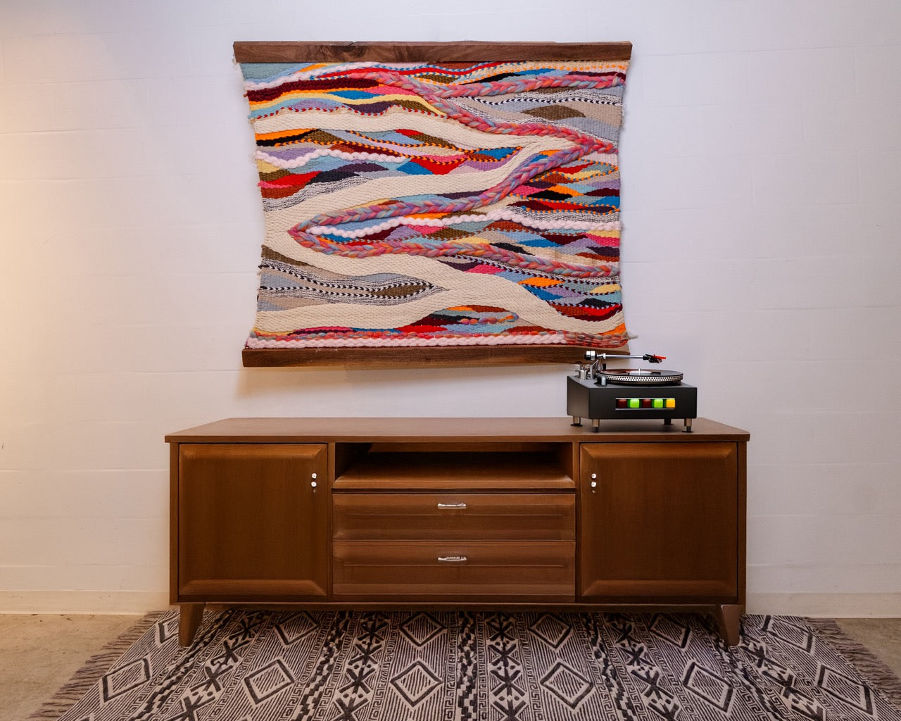 Handwoven Wall Tapestry in Cream, Red, and Multi-Color Highlights