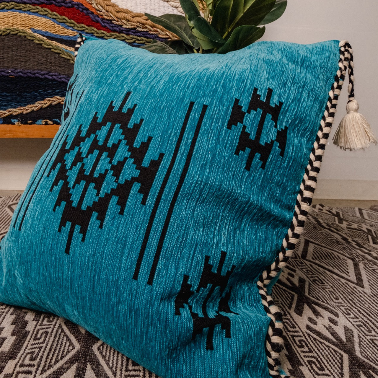 Teal and Black Woven Pillow Case