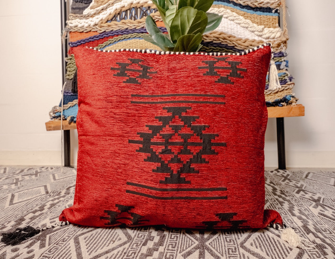 Red & Black Geometric Tassel Pillow Case