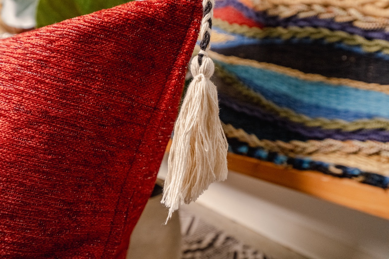 Red & Black Geometric Tassel Pillow Case